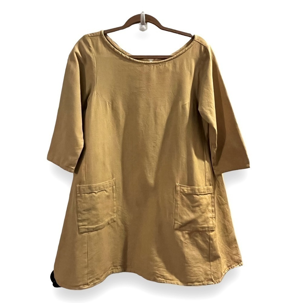 Tribe Alive Dress Lagenlook A-Line Swing Patch Pockets Mustard Yellow Small